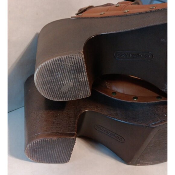 Frye and Co Fabry Womens US 10 Brown Vegan Leather Harness Mules Clogs 4" Heel - Picture 8 of 11